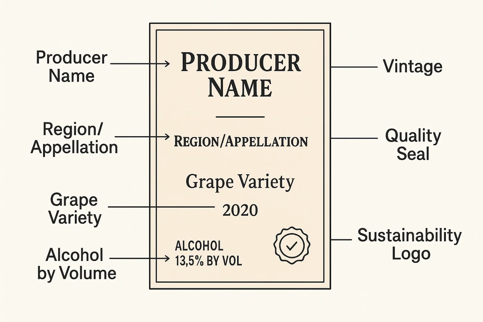 Annotated diagram of a generic wine label with arrows pointing to Producer Name, Region/Appellation, Grape Variety, Vintage, Alcohol by Volume, Quality Seal, and Sustainability Logo, clean vector style