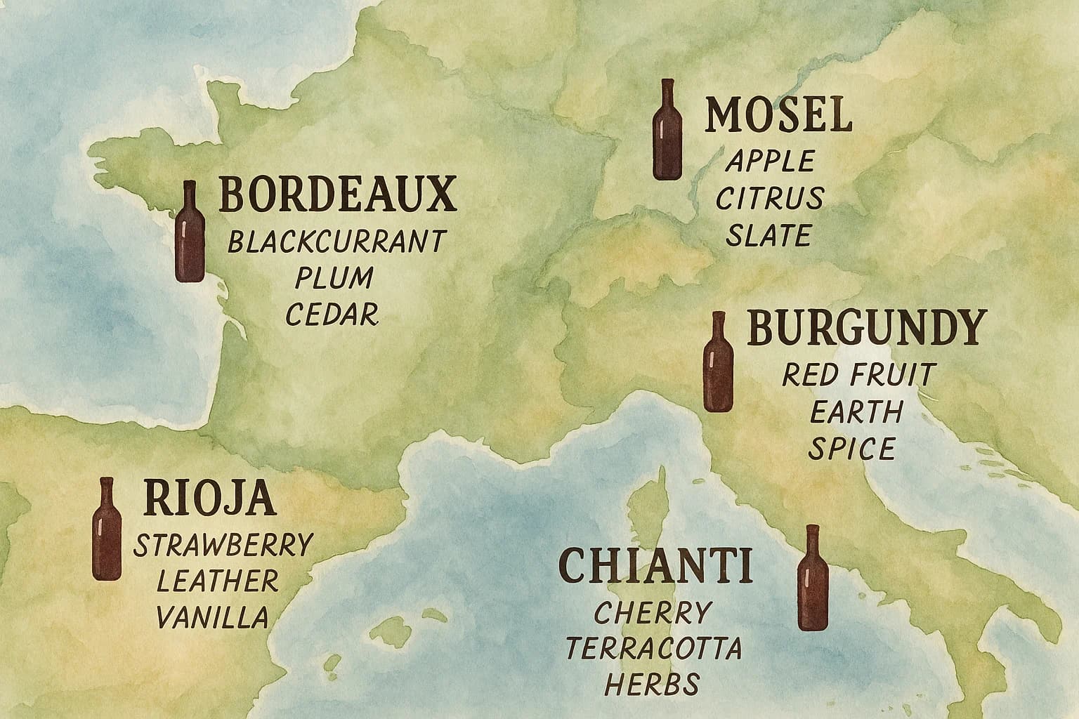 Collage map highlighting Bordeaux, Burgundy, Rioja, Chianti, Mosel, each region marked with a tiny bottle icon and flavor descriptors, watercolor illustration