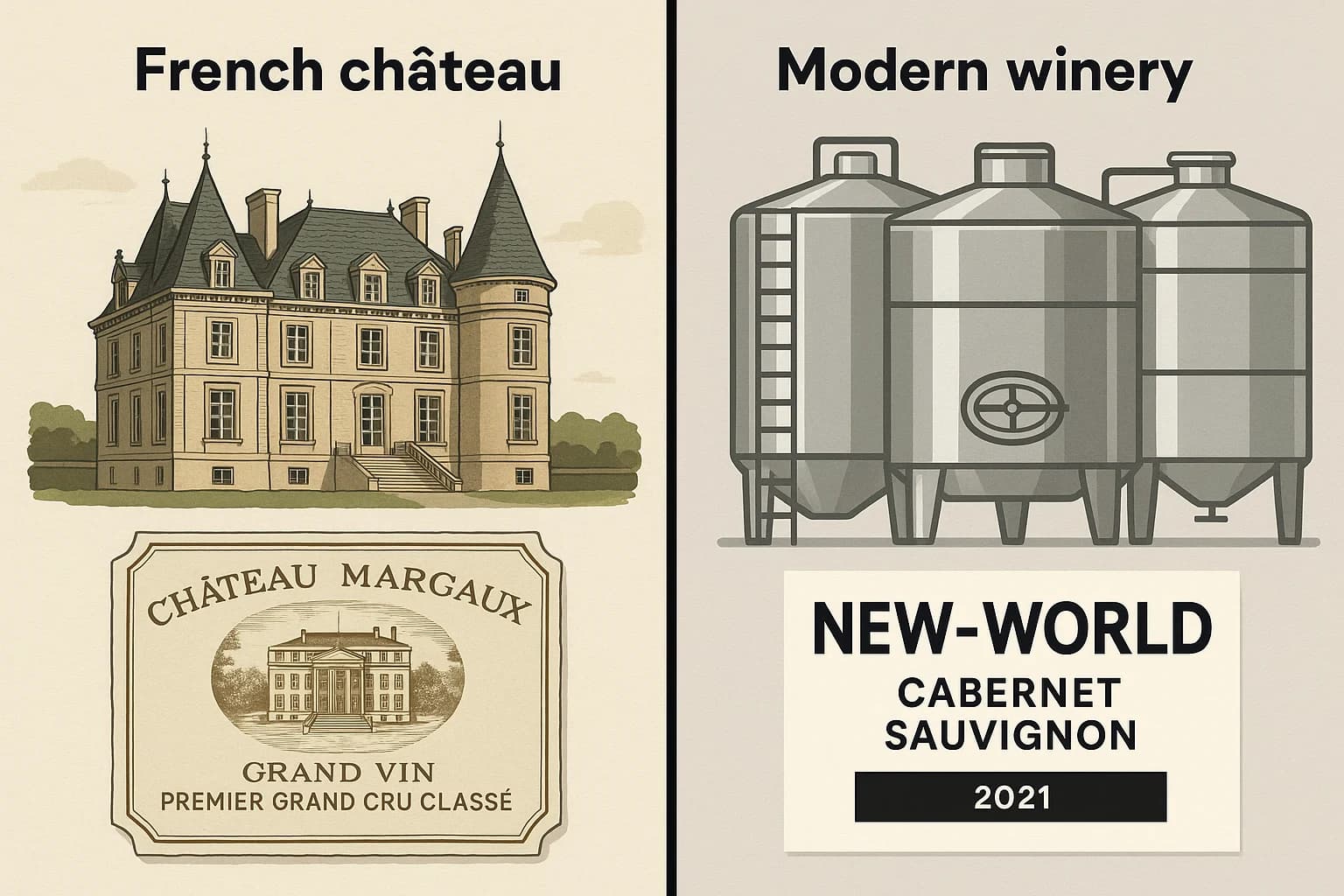 Split-screen graphic: left side shows an ornate French chateau and a classic parchment wine label; right side shows modern stainless-steel tanks and a bold minimalist New-World label, infographic style