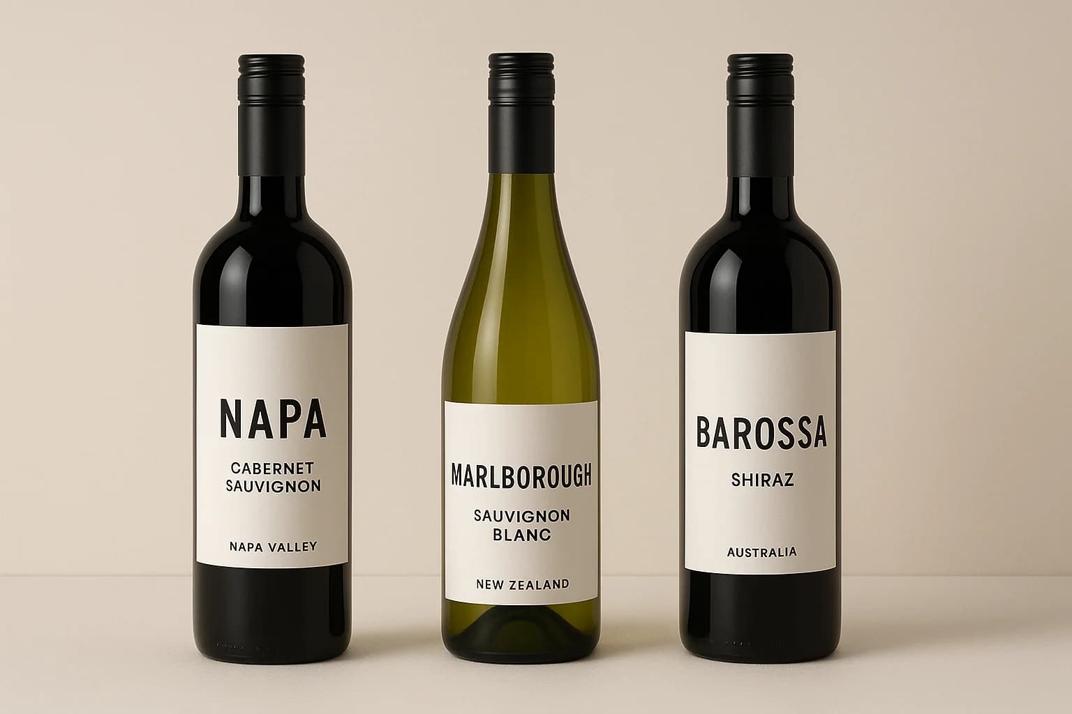 Minimalist New-World wine label mock-ups, one from Napa Cabernet, one from Marlborough Sauvignon, one from Barossa Shiraz, presented on a neutral background