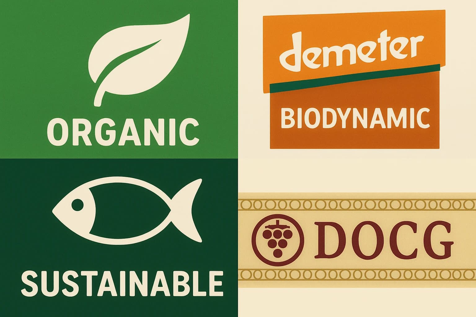 Close-up grid of common wine certification logos: organic leaf, biodynamic Demeter, sustainable fish logo, a quality control DOCG strip stamp, crisp flat-design icons