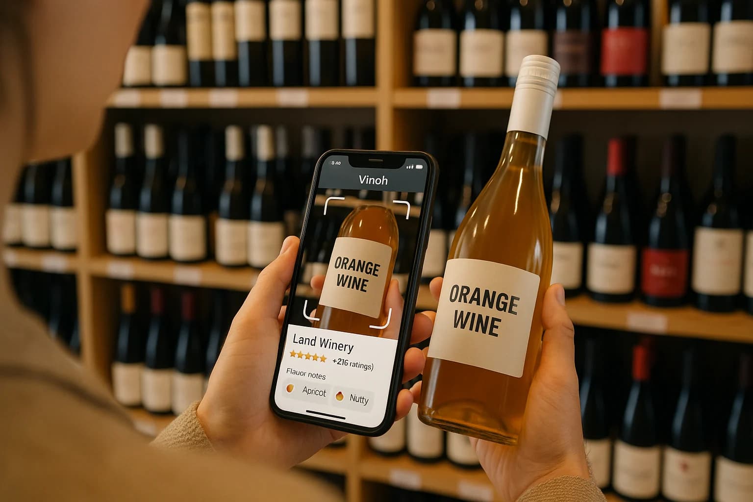 A realistic, over-the-shoulder shot of a person in a well-lit wine shop. Their hand is holding a smartphone, with the Vinoh app open and using the camera to scan the label of an orange wine bottle. The app screen is visible, showing information like the winery, user ratings, and flavor notes like 'apricot' and 'nutty'.