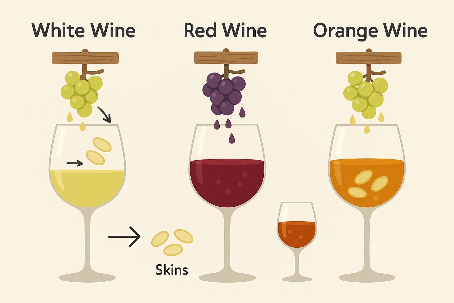 A clear, simple infographic with three wine glasses side-by-side. The first, labeled 'White Wine,' shows white grapes being pressed with an arrow pointing the skins away. The second, 'Red Wine,' shows red grapes being crushed with the skins staying in the juice. The third, 'Orange Wine,' shows white grapes being crushed with their skins left in the juice, resulting in an orange color.