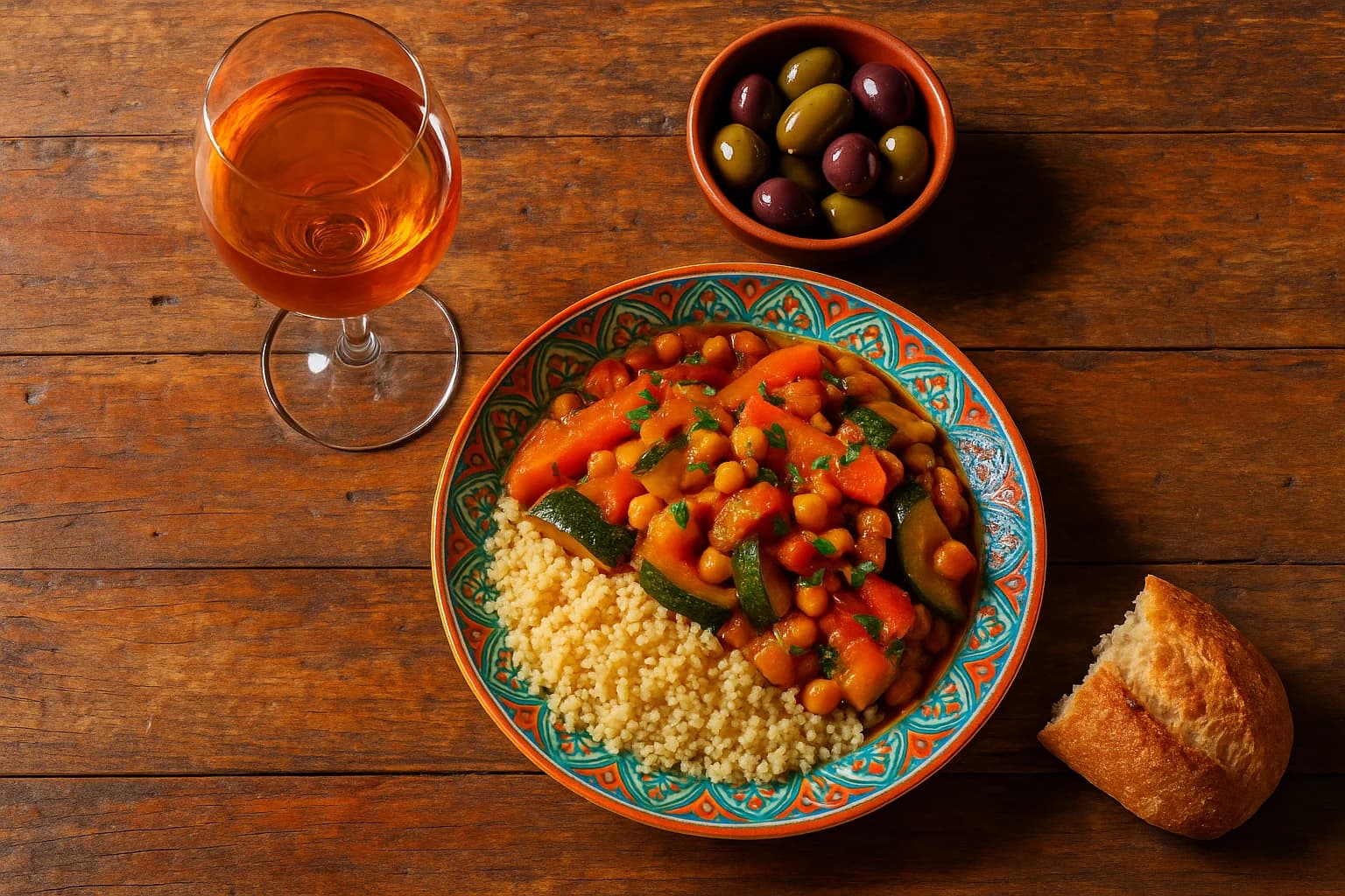 A vibrant, top-down shot of a rustic wooden dinner table. A glass of amber-colored orange wine sits next to a colorful plate of Moroccan food with couscous and vegetables. There's also a small bowl of olives and a piece of crusty bread. The scene looks warm, inviting, and delicious.